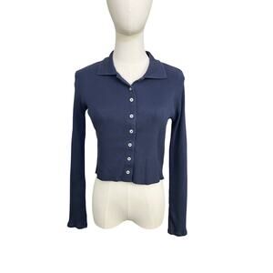 Brandy Melville Ribbed Button Front Long Sleeve Crop Top Navy Fitted OS